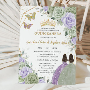Invitación Sage Green Purple Lavender Floral Twin Quinceañera