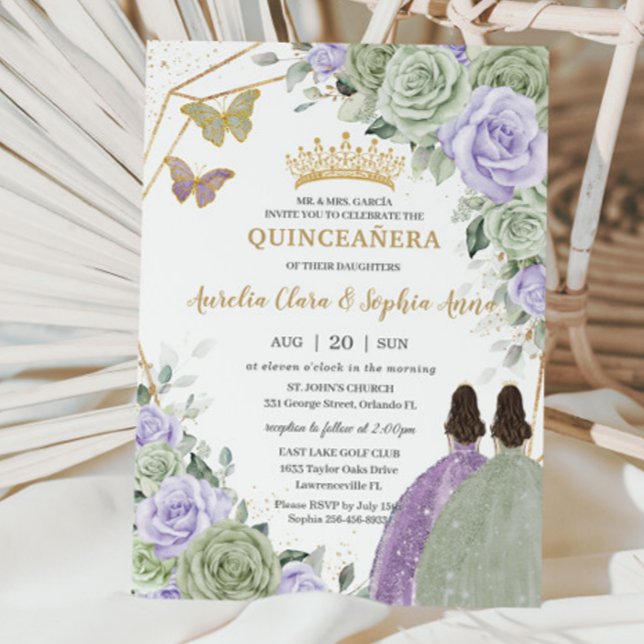 Invitación Sage Green Purple Lavender Floral Twin Quinceañera (Subido por el creador)