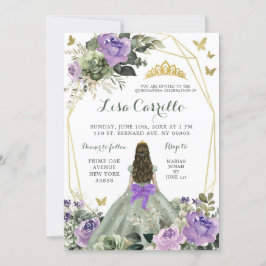 Invitación Sage Green Purple Lilac Bow Princesa Quinceañera