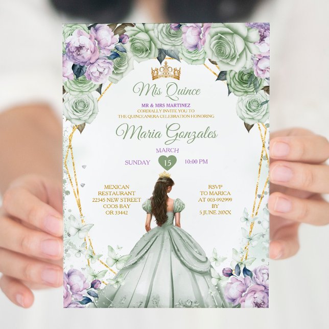 Invitación Sage Green Purple Mis Quince 15 Anos Crown (Subido por el creador)