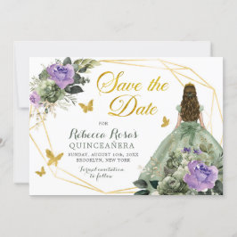 Invitación Sage Green Purple Quinceañera Salva La Fecha