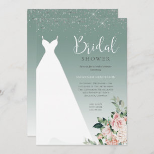 Invitación Sage Green Purpurina Boda Vestido Bridal Shower