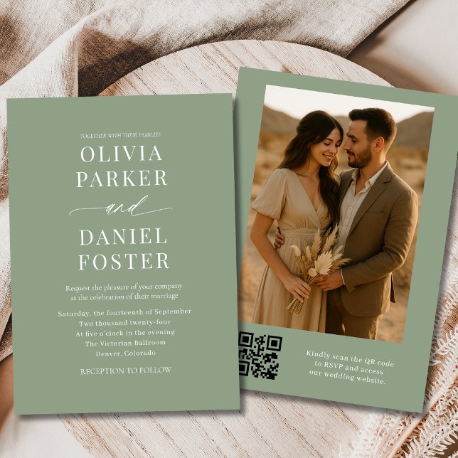 Invitación Sage Green QR Code Elegant Photo Boda (Subido por el creador)