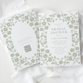 Invitación Sage Green QR Code White Follet Floral Bridal Show