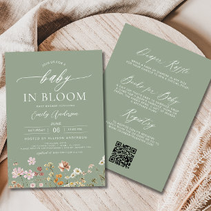 Invitación Sage Green QR Code Wildflower Baby in Bloom
