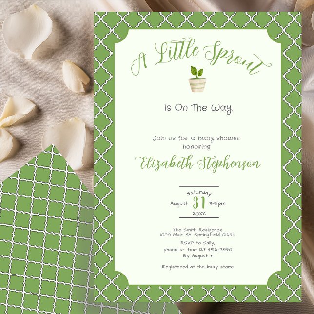 Invitación Sage Green Quatrefoil Little Sprout Baby Shower (Subido por el creador)