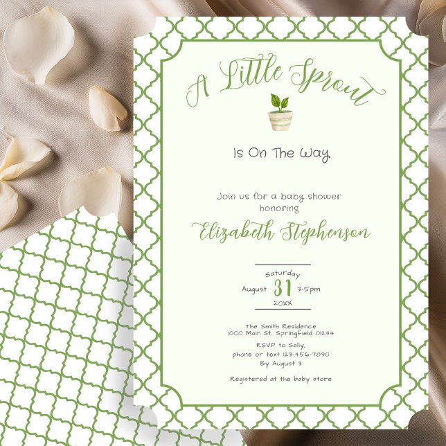 Invitación Sage Green Quatrefoil Little Sprout Baby Shower (Subido por el creador)