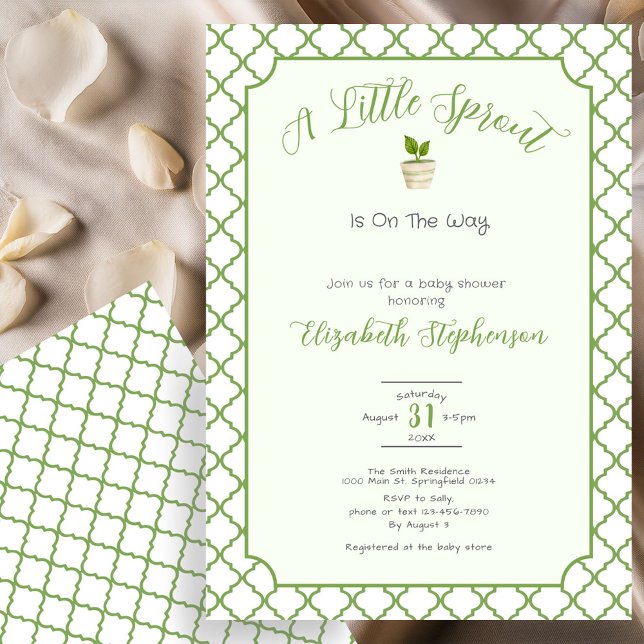 Invitación Sage Green Quatrefoil Little Sprout Baby Shower (Subido por el creador)