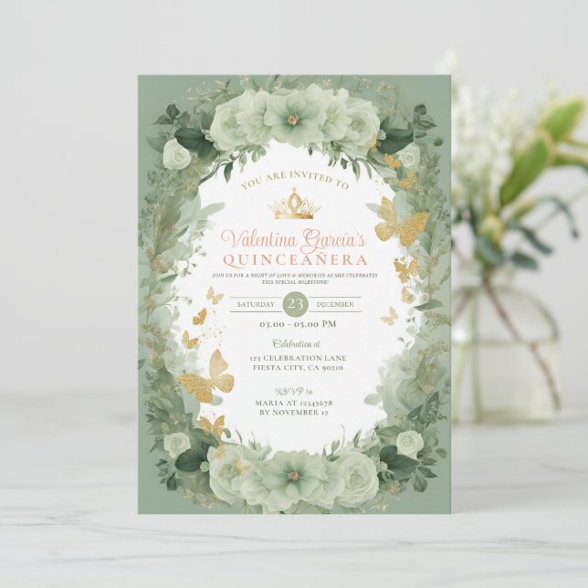 Invitación Sage Green Quinceañera 15 Anos (Anverso de pie)