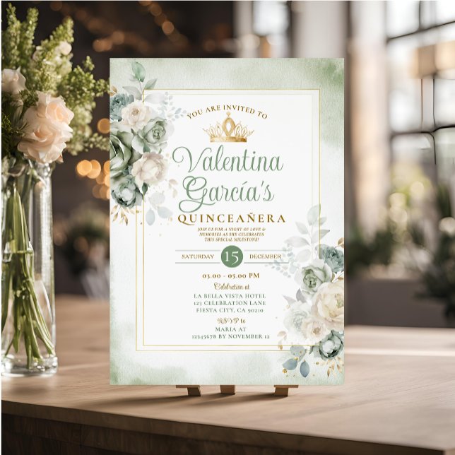 Invitación Sage Green Quinceañera 15 Flores Anos Crown de oro (Subido por el creador)