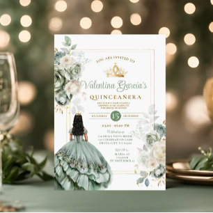 Invitación Sage Green Quinceañera 15 Flores Anos Crown de oro