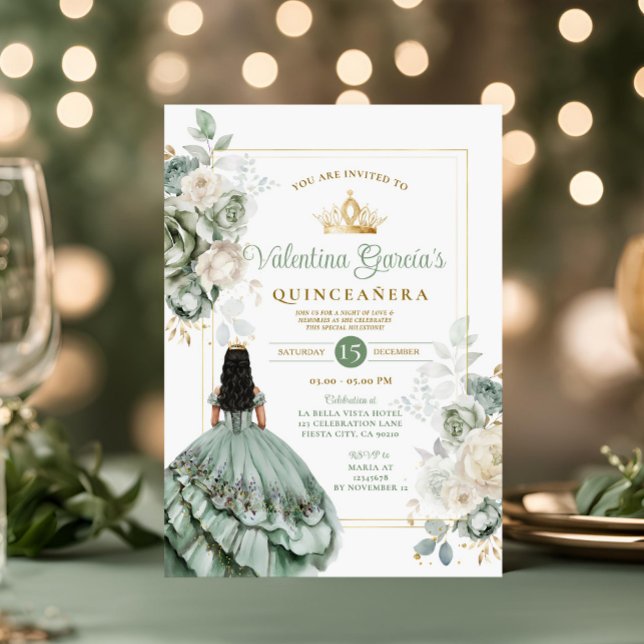 Invitación Sage Green Quinceañera 15 Flores Anos Crown de oro (Subido por el creador)