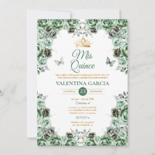 Invitación Sage Green Quinceañera 15 Flores Anos Crown de oro