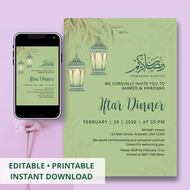 Invitación Sage Green Ramadan Iftar Leaves Lantern Invitation (Subido por el creador)