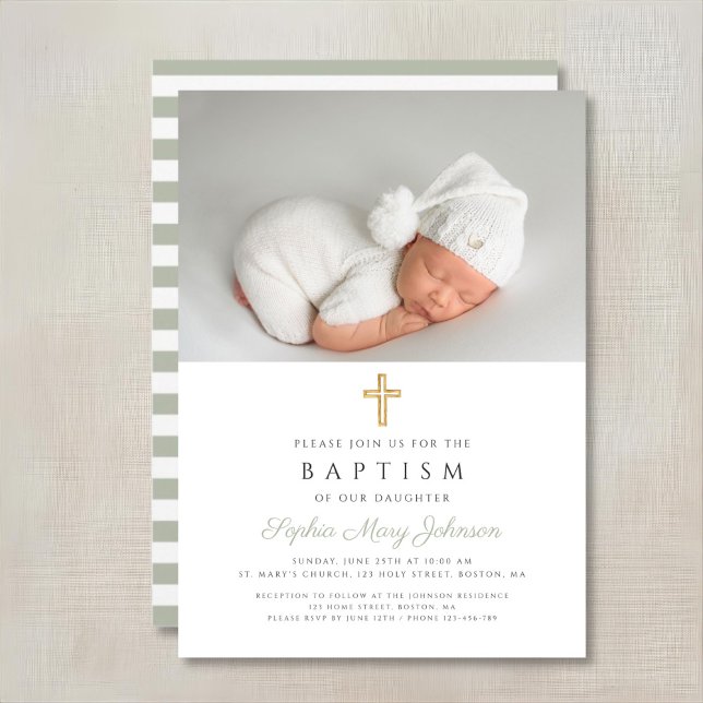 Invitación Sage Green Religious Cross Photo Baptism (Sage Green Religious Cross Stripes Photo Baptism Invitation)
