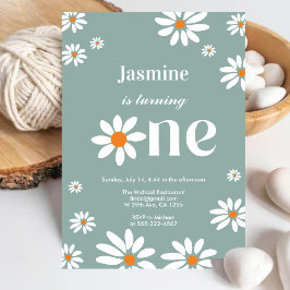 Invitación Sage Green Retro Groovy Daisy Florals 1er cumpleañ
