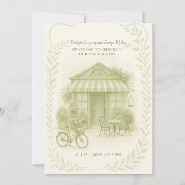 Invitación sage green romántico boda café al aire libre (Anverso)