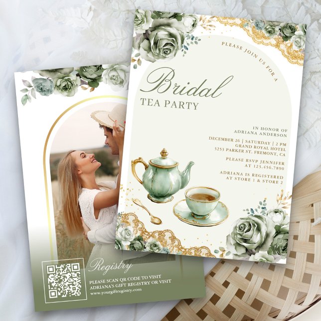 Invitación Sage Green Rosas Floral Tea Fiesta Brillante (Subido por el creador)