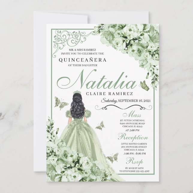 Invitación Sage Green Rosas Princesa vestida de princesa Quin (Anverso)