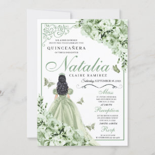 Invitación Sage Green Rosas Princesa vestida de princesa Quin
