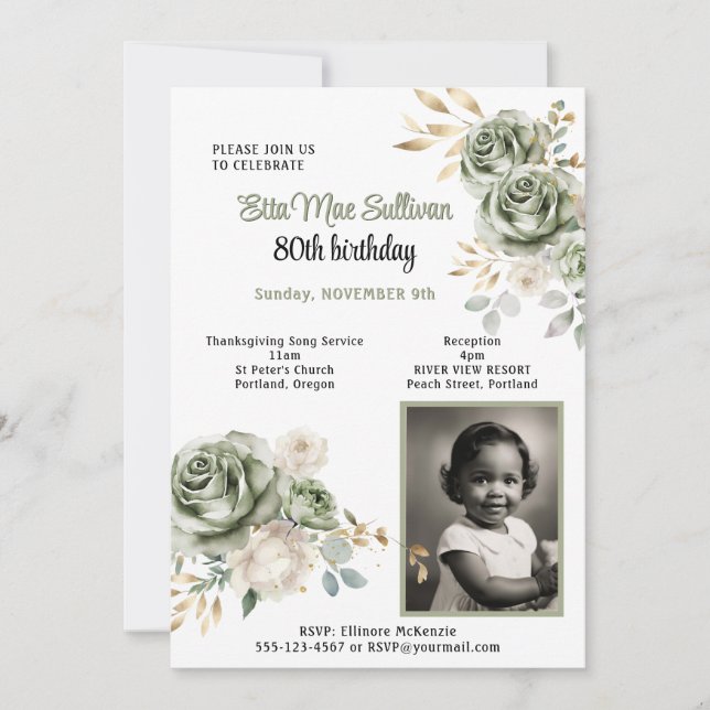 Invitación Sage green Roses gold leaves 80th birthday Photo  (Anverso)