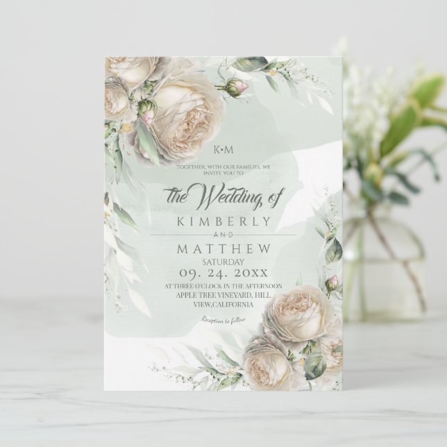 Invitación Sage Green Roses Greenery Wedding (Anverso de pie)