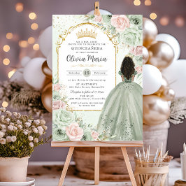 Invitación Sage Green Rubor Floral Brown Chica Quinceañera