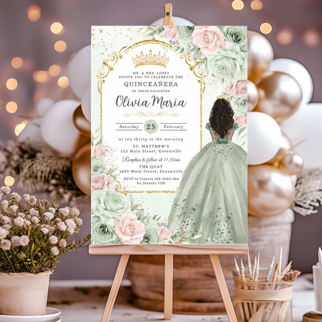 Invitación Sage Green Rubor Floral Brown Chica Quinceañera (sage green blush pink floral flowers gold quinceanera brown black curly hair girl sweet 16 invites)