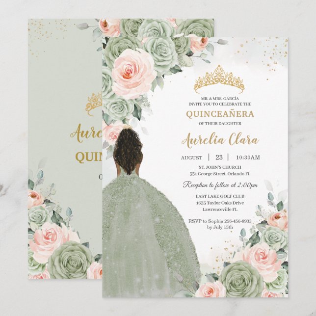 Invitación Sage Green Rubor Floral Gold Quinceañera Sweet 16 (Anverso / Reverso)