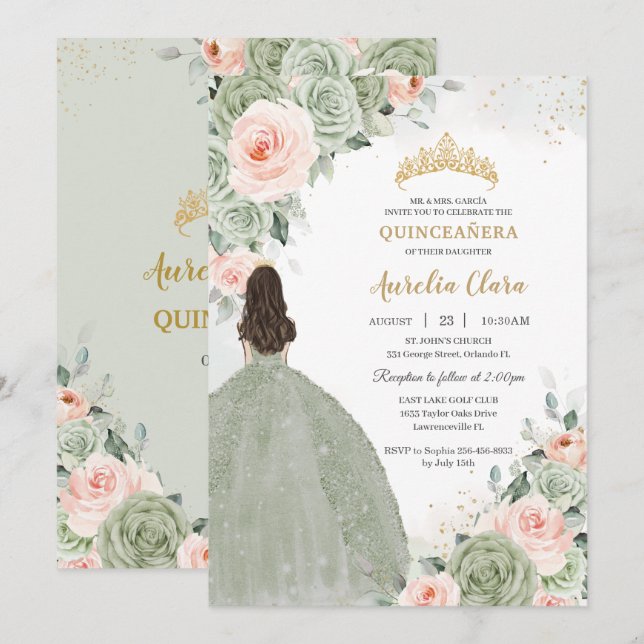 Invitación Sage Green Rubor Floral Gold Quinceañera Sweet 16 (Anverso / Reverso)