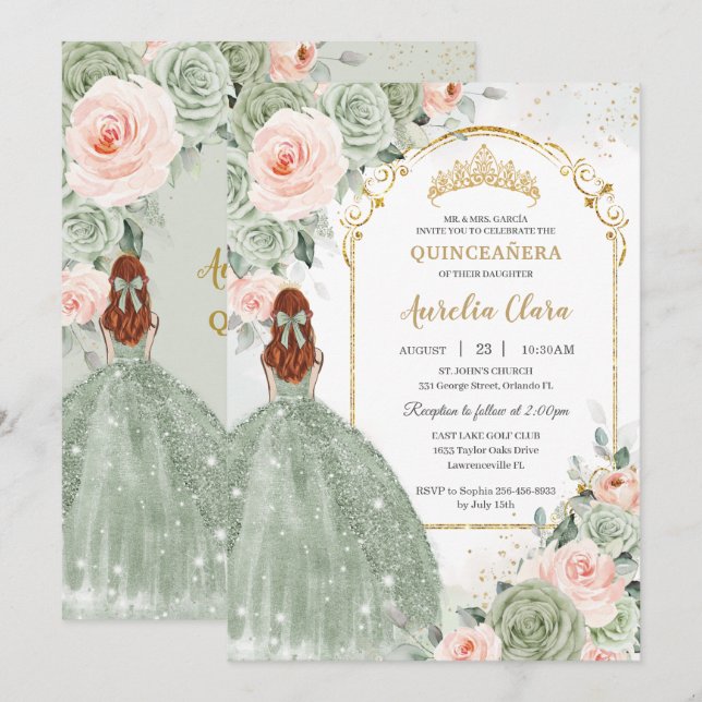 Invitación Sage Green Rubor Floral Gold Quinceañera Sweet 16 (Anverso / Reverso)