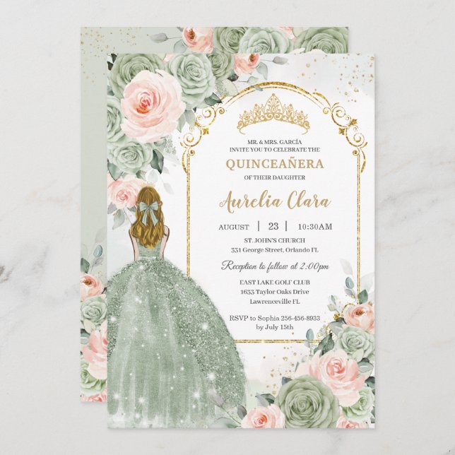 Invitación Sage Green Rubor Floral Gold Quinceañera Sweet 16 (Anverso / Reverso)