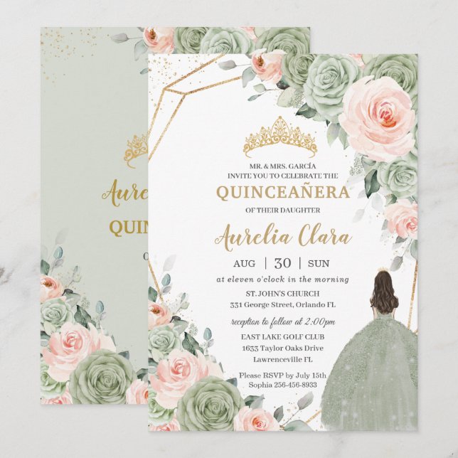 Invitación Sage Green Rubor Floral Gold Quinceañera Sweet 16 (Anverso / Reverso)