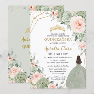 Invitación Sage Green Rubor Floral Gold Quinceañera Sweet 16