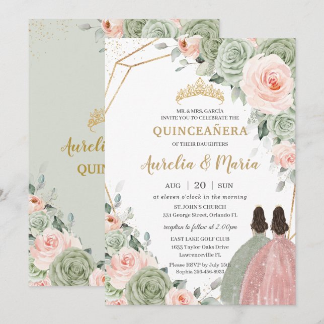 Invitación Sage Green Rubor Floral Gold Quinceañera Twins (Anverso / Reverso)