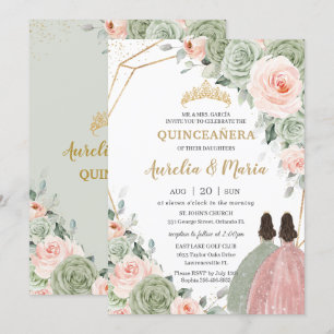 Invitación Sage Green Rubor Floral Gold Quinceañera Twins
