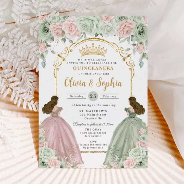Invitación Sage Green Rubor Floral Twins Gold Quinceañera (Subido por el creador)