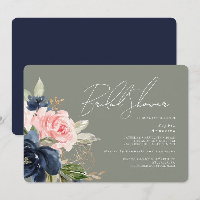 Invitación Sage Green Rubor Navy Floral Bridal Shower (Anverso / Reverso)