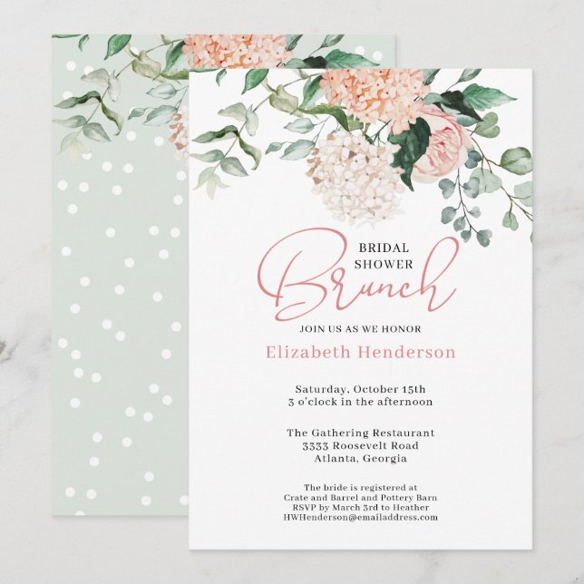 Invitación Sage Green Rubor Pink Floral Bridal Shower Brunch (Anverso / Reverso)