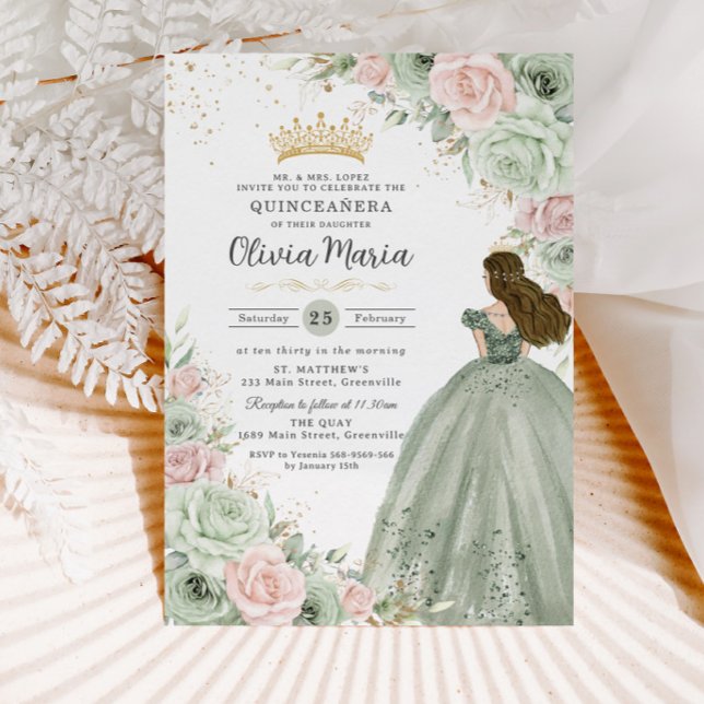 Invitación Sage Green Rubor Pink Floral Princesa Quinceañera (Subido por el creador)