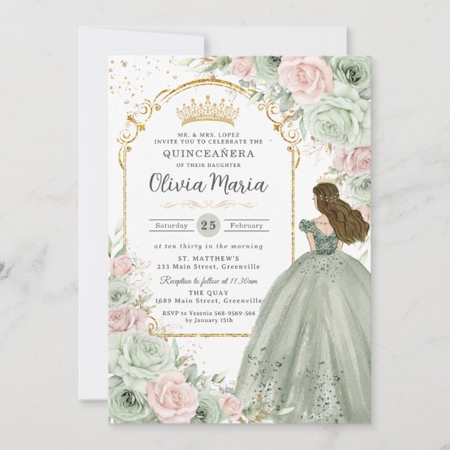 Invitación Sage Green Rubor Pink Floral Princesa Quinceañera (Anverso)