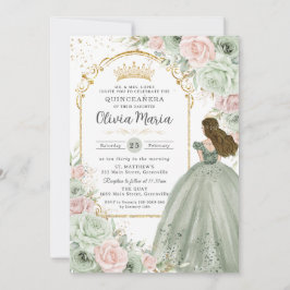 Invitación Sage Green Rubor Pink Floral Princesa Quinceañera