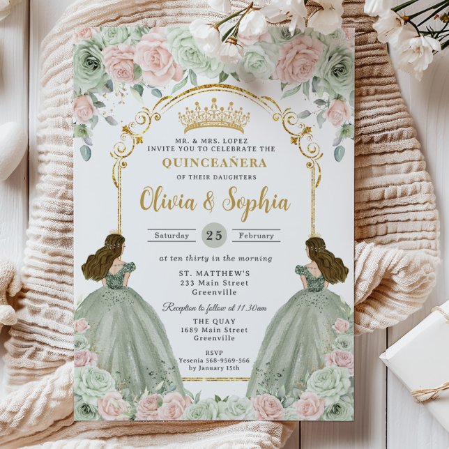 Invitación Sage Green Rubor Pink Floral Twins Quinceañera (Subido por el creador)