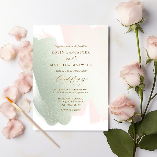 Invitación Sage Green Rubor Pink Minimal Elegant Wedding (Subido por el creador)