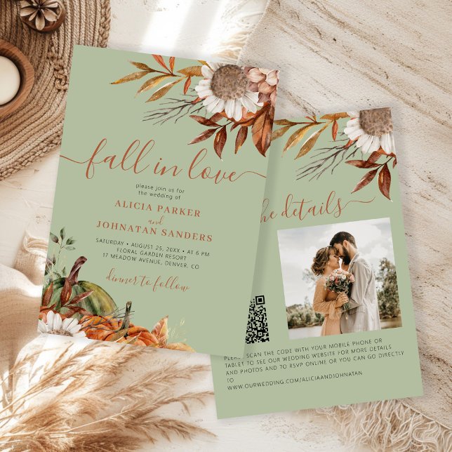 Invitación Sage green rust leaves boho floral fall wedding (Subido por el creador)