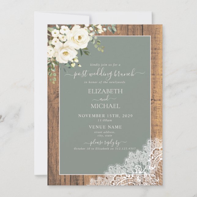 Invitación Sage Green Rustic Wood Script Post Boda Brunch (Anverso)