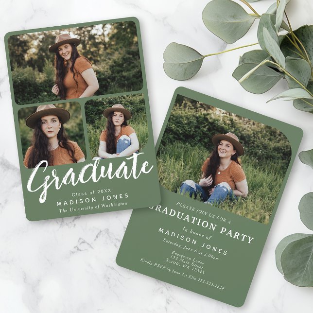 Invitación Sage Green Script 4 Fotos Partido de Graduación (Subido por el creador)