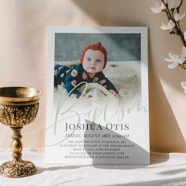 Invitación Sage Green Script Photo Baptism (Subido por el creador)