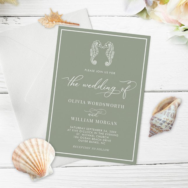 Invitación Sage Green Seahorse Coastal Beach Script Boda (Subido por el creador)