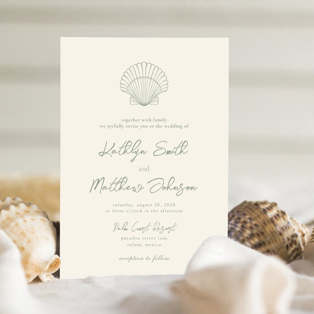 Invitación Sage Green Shell Beach Ocean Destination Wedding (Subido por el creador)